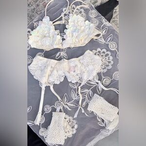 Victoria's Secret White Garter with Iridescent Bra and White Fishnets